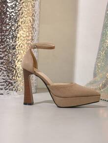 女士优雅性感时尚厚底方头绑带粗跟派对假日百搭超高跟鞋 - 杏色 - 查看 5