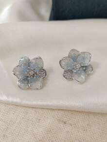 一对优雅蓝色花朵水钻耳钉，时尚百搭，适合日常佩戴，女士必备。 - 藍色 - 查看 1