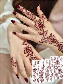 3张月亮花朵图案酒红色临时纹身贴纸 - Manhaiti Design 人体彩绘纹身，适合派对和节日 - 紅色 - 查看 7