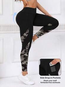 女士撞色印花口袋设计休闲健身紧身裤 - 彩色 - 查看 5