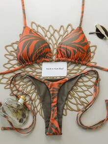 两件套全印花露背系带比基尼泳衣，性感迷人，适合夏季假期在海滩、舞台和音乐会等场合穿着。 - 橘色 - 查看 5