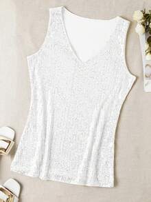 Sequin V-Neck Sleeveless Top, Elegant Tank Top For Spring And Summer Casual - Pearl White - View 3