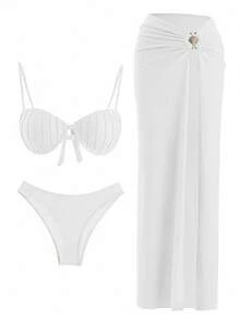 Bộ bikini 3 mảnh kiểu Âu và Mỹ gợi cảm gồm áo liền quần và chân váy maxi xếp ly, kiểu Brazil, xẻ tà cao, thích hợp cho kỳ nghỉ hè. - trắng - Xem 3