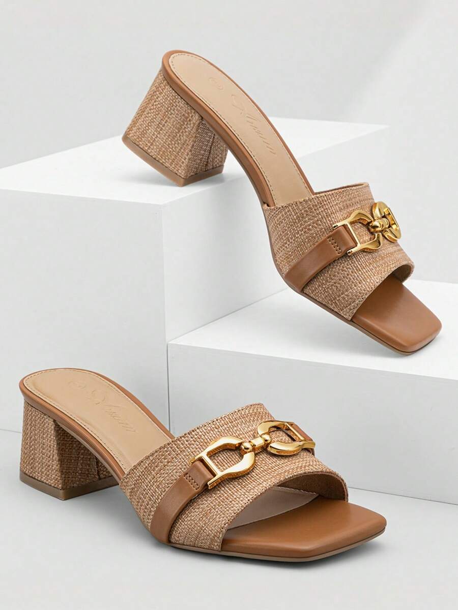 Athlefit Women's Raffia Heeled Sandals Square Open Toe Slip On Mules Chunky Block Heels With Metal Chain For Summer Vacation - Brown Raffia - View 1