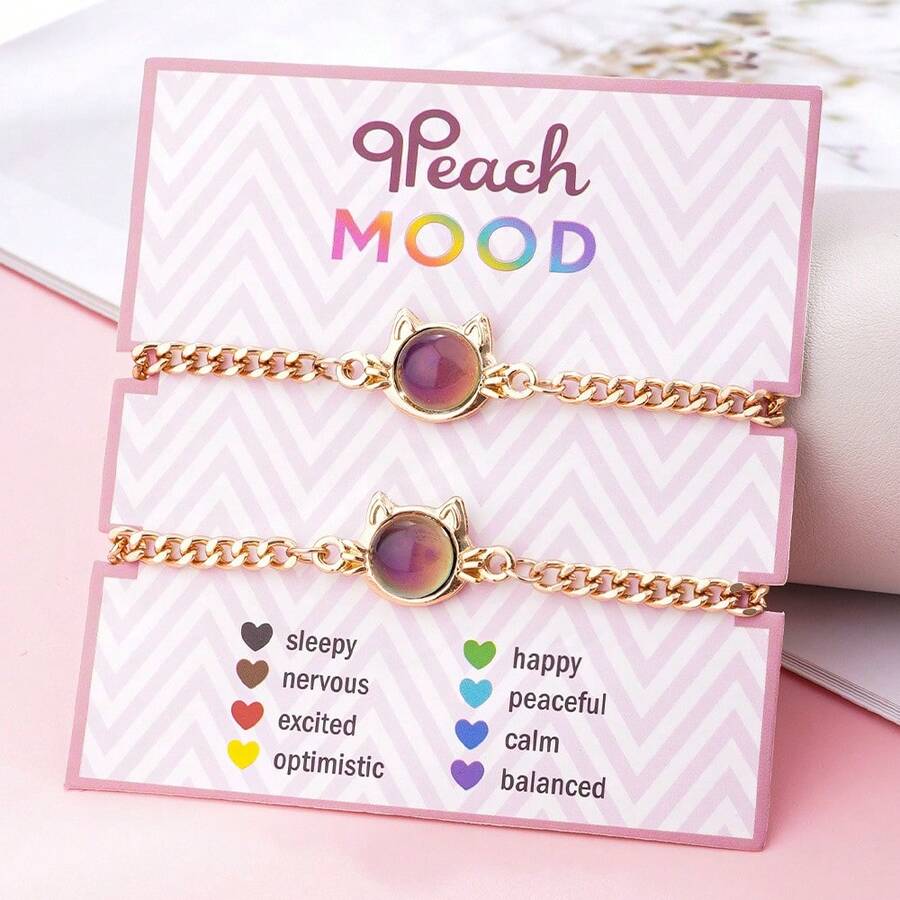 2pcs/Set Women Temperature Sensitive Color Changing Cat Unicorn Heart Pendant Necklace & Ring Jewelry Set, Year Of The Horse Gift For Girlfriend/Best Friend - con mèo - Xem 1