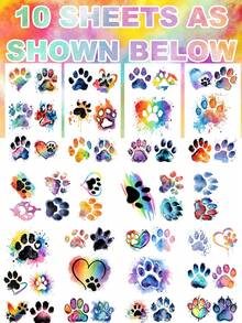 10 Hojas de Tatuajes Temporales de Huella de Acuarela Vibrante - Pegatinas Coloridas de Huella de Mascota para Cara & Body, Decoración de Piel con Tema de Cachorro Lindo para Adultos, Ideal para Recuerdos de Fiesta & Accesorios Diarios - Multicolor - Ver 7
