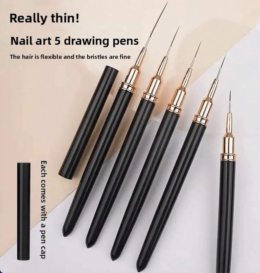 5 Pieces Of Advanced French Fashion Nail Stripe Art Brush Set, UV Gel Nail Brush Set. CJUY - 黑色 - 查看 1