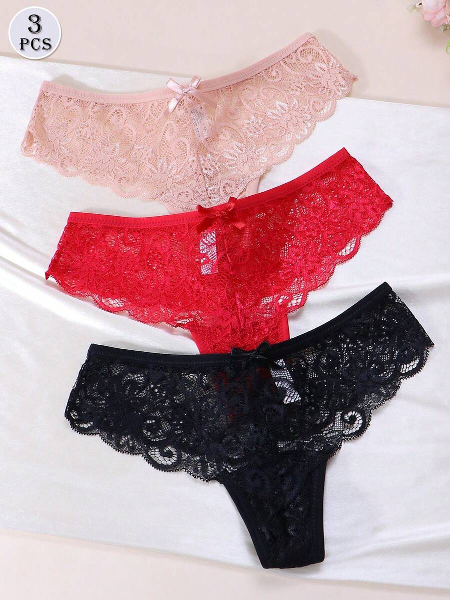 3Pcs/Set Sexy Lace Thongs Underwear Low-Rise Panties For Woman - Multicolor - View 1
