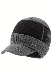 1pc Men's Sport Iron Logo Knit Beanie Hat With Lining - Khaki - View 2