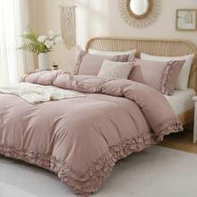 Pink Cotton Ruffled Comforter Set Queen, Vintage Shabby Chic Farmhouse Bedding Set Coquette Aesthetic French Country Comforter - Red Bean Paste Powder - View 5