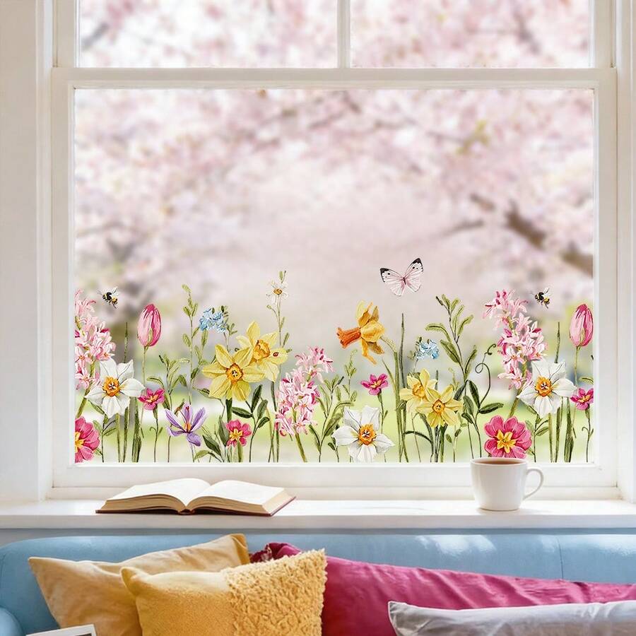 1pc Spring Floral & Bird Window Sticker, Made Of Static Cling Film With Butterfly & Bouquet Pattern, Suitable For Glass Surfaces, Reusable, Great For Kitchen Sliding Doors And Home Decor