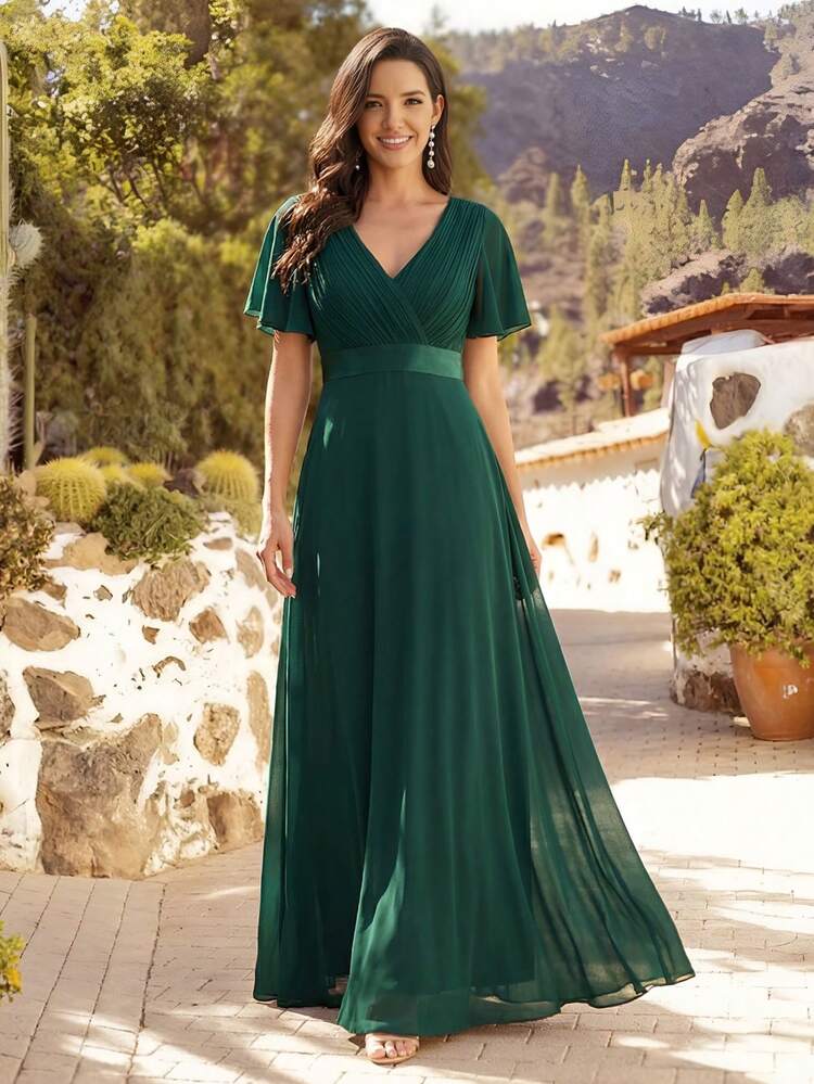 EVERPRETTY Spring Elegant V-Neck Ruffle Butterfly Sleeve Green Bridesmaid Dress, Guest Dress, Semi-Formal Dress For Mother Of The Bride, Wedding, Birthday Party