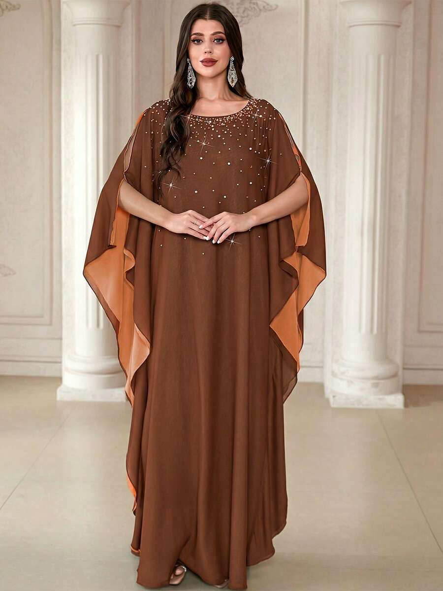 Elegante bata larga para mujer, decorada con perlas, cuello redondo, mangas cortas tipo murciélago, vestido largo de tela tejida, adecuado para ocasiones formales
