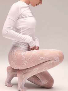 Lolita Style Sweet Girl Punk Floral Print Leggings, Women's Sexy Hollow Out Mesh Thigh High Stockings - White - View 3