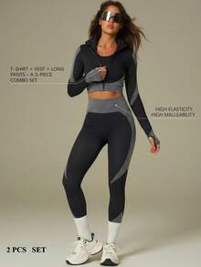 UONNOU 两件套女士运动服套装，长袖上衣和塑身裤，女士户外休闲服，运动服，塑身服，紧身衣，夹克款式，机车风格，立领，全开拉链，运动拇指孔设计，超短紧身上衣，提臀，收腰收腹，修饰腿型，让您看起来更苗条，运动紧身裤，高弹塑形，罗纹无缝针织柔软面料，适合运动和户外活动、瑜伽、健身、跑步、休闲日常、通勤、聚会和节日等，时尚运动户外套装，适合所有季节，秋冬春秋皆宜。 - 黑與白 - 查看 5