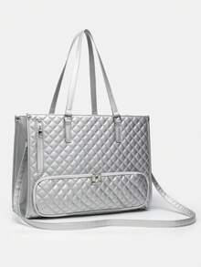 1个女士时尚大容量手提包，经典多色保温包，可装笔记本电脑，可作妈妈包、工作手提包、日常健身午餐包、野餐包、防水保温斜挎包，大号 - 銀色 - 查看 4