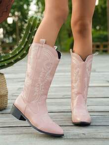 Western Style Embroidered Vintage Boots For Girl, Retro Platform Mid-Calf V-Cut Riding Boots, Winter New Arrival - Pink - View 5