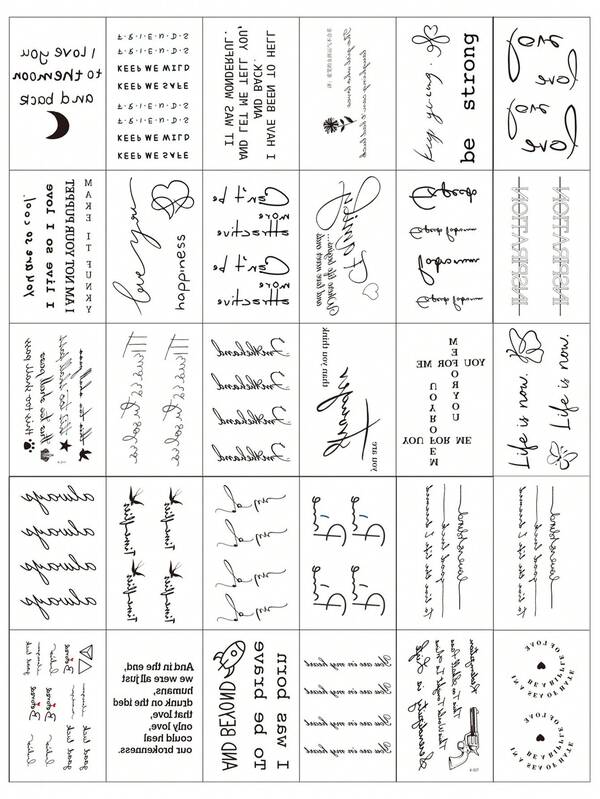 30 pièces Autocollants de tatouage temporaire avec lettres noires, phrases et symboles - papillon, cœur, lune, style minimaliste, convient aux femmes et aux hommes, pour un port quotidien, art corporel simple et