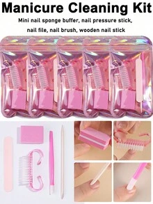 五合一便携式美甲美足套装 - 独立包装：双面指甲锉、木质角质层推棒、指甲清洁工具、指甲抛光块、亚克力美甲笔，用于自我护理和指甲修整 - 彩色 - 查看 9