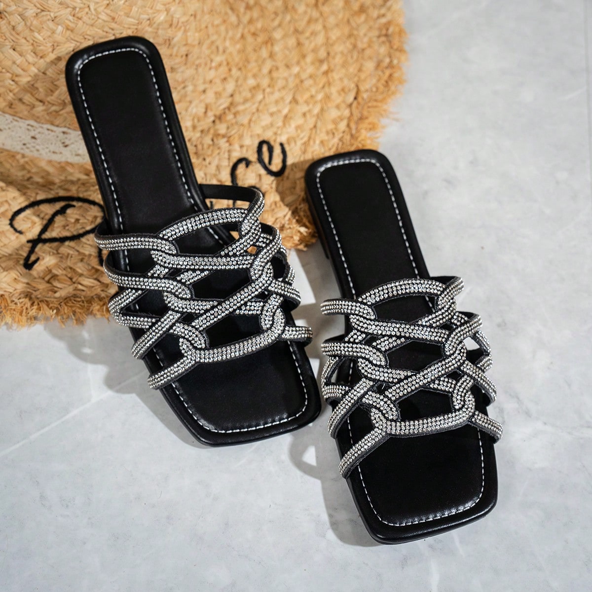 Sandalias de mujer con ajuste ancho, con tira cruzada, pedrería, punta cuadrada y planas, para uso en la playa, vacaciones, fiestas de noche y uso di
