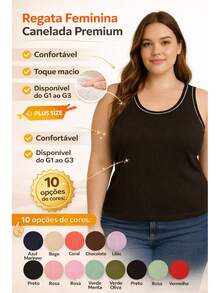 Regata Feminina Canelada Ribana Premium • G1 ao G3 • Alta Elasticidade e Conforto Básica, Confortável e Estilosa  Malhado    Praia  Férias - Preto - Visão 5