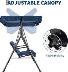 Columpio de exterior de 3 plazas con toldo ajustable y cojines gruesos, banco deslizante con patas antideslizantes y ganchos de resorte resistentes, resistente a los rayos UV, impermeable, capacidad de 227 kg para patio, jardín y patio trasero. - Azul - Ver 2