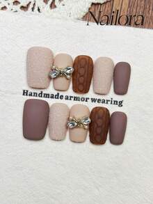 10pcs Handmade Nails Square Nails Acrylic Press On Nails Medium, Gentle Brown Nails, Sugar Nails, Matte Sweater Nails Nail Sugar, Nail Charms 3D Large Bow Inlaid, Textured Nails Simple Elegant Luxury Winter Nails, Minimalist Aesthetic Fall Press On Nail, Wintry Manicure DIY False Nail Art Party Daily & Dating Suitable Use In Work Setting Reusable, For Women & Girls As Gift Nail Supplies - Brown - View 3