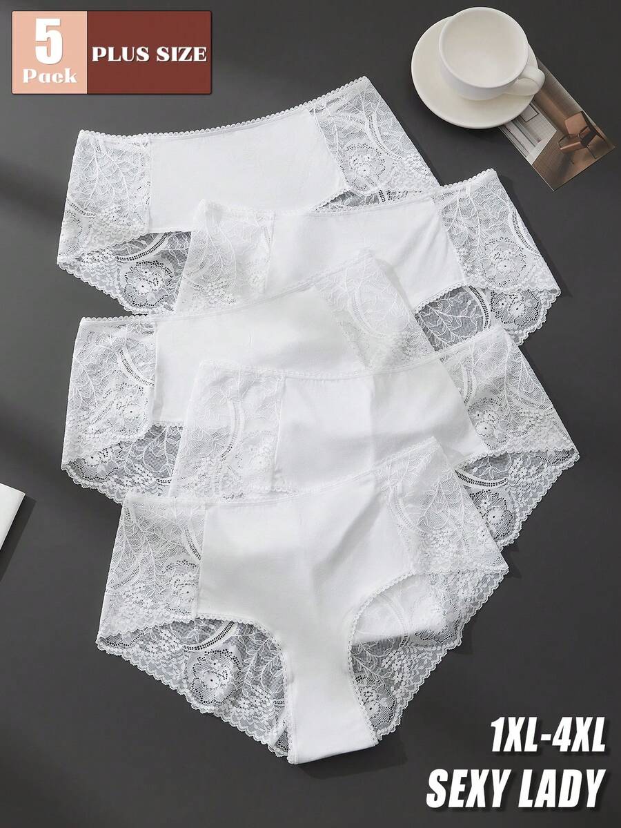 5条装加大码女士白色蕾丝内裤 - 性感舒适内衣 - 白色 - 查看 1