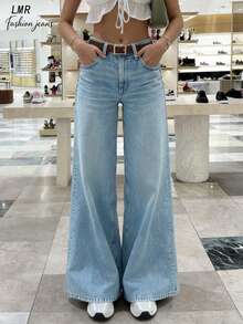 女士中腰喇叭水洗牛仔裤，简约修身显腿长休闲牛仔裤 - 淺色水洗藍 - 查看 5