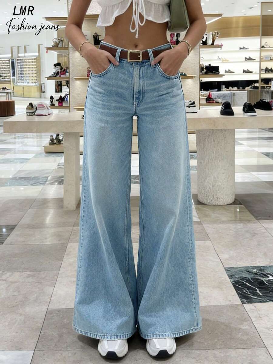 Denim Feminino Cintura Média Perna Flare Lavado, Denim Slim Fit Minimalista Alongador de Perna Casual