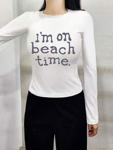 圆领长袖T恤，美式坏女孩风格，春秋新款字母印花，女士短款修身上衣 - 白色 - 查看 2