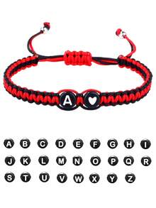 1pc Black & White Heart & 26 Letters Braided Bracelet, Minimalist Couple Jewelry Bracelet Valentines,Mom,Mother,Mother's Day,Gift - Black - View 14