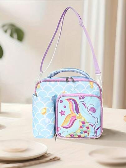 Cartoon Astronaut, Mermaid Tail Pattern Insulated Lunch Bag, Bento Box, Keeps Food Warm, Easy To Clean Lining, Suitable For Travel, Hiking, Back To School, Liked By Both Men And Women, Great For New Year Or Valentine's Day Gifts