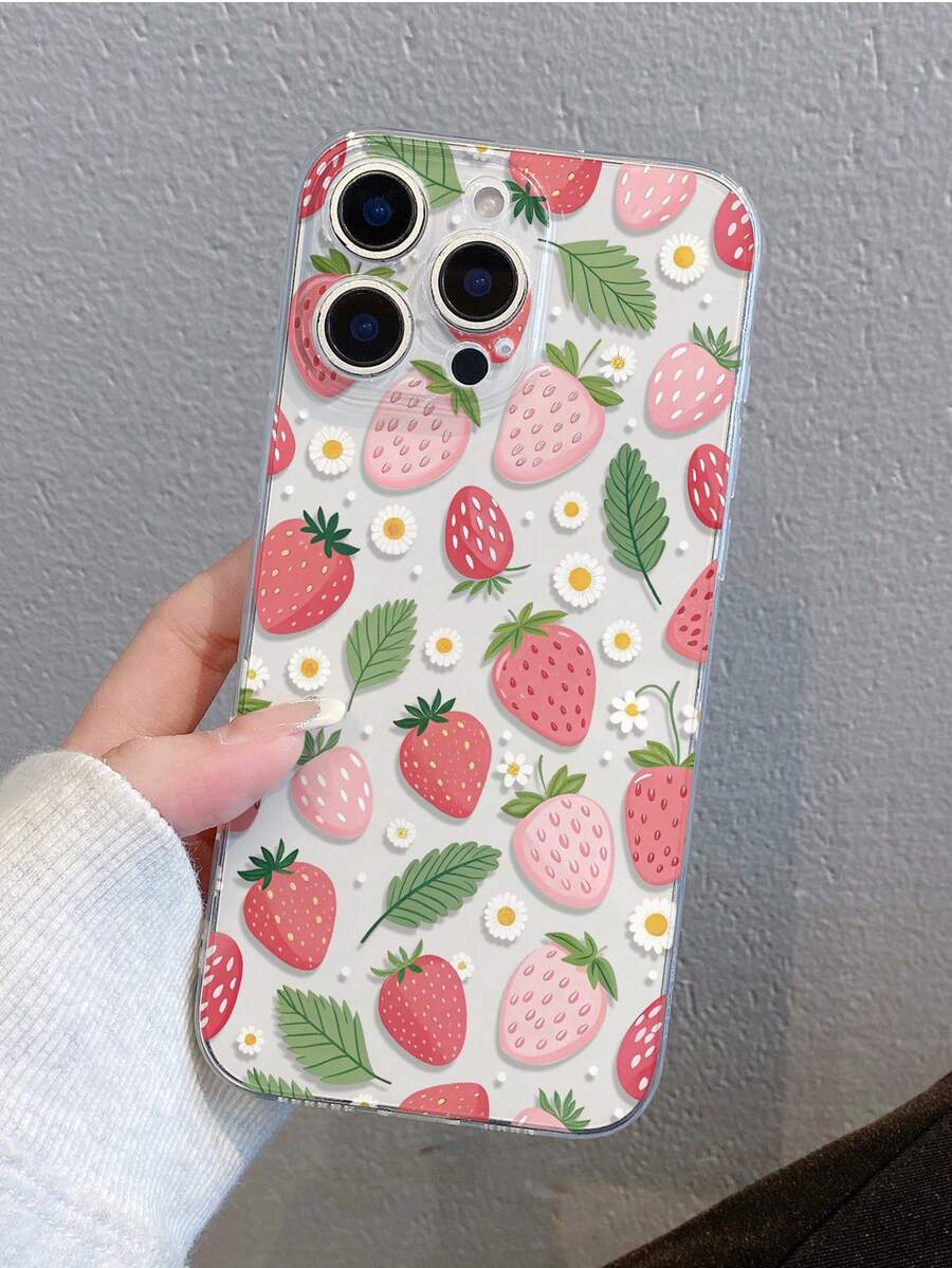 1pc Strawberry Pattern Transparent Soft TPU Phone Case, Anti-Fall Anti-Scratch Anti-Fingerprint, Precise Camera Cutout, Compatible With Samsung, Apple, Nothing, Pixel, INFINIX, Redmi - Multicolor - View 1