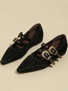 2026 New Black Versatile Color Block Pointed Toe Chunky Heel Pumps, Korean Version Metal Buckle Mid-Heel Mary Jane Shoes For Women - Black - View 2