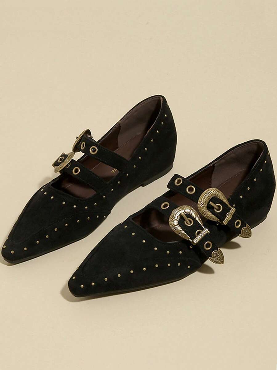 2026 New Black Versatile Color Block Pointed Toe Chunky Heel Pumps, Korean Version Metal Buckle Mid-Heel Mary Jane Shoes For Women