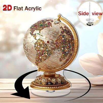 2D Flat, 1pc Rotating World Globe - Elegant Acrylic Sphere Decor With Golden Base, Rotating Motion - Suitable For Home, Office, Classroom, Library Decoration - Educational Geography Display & Accent - Ideal Gift For Travelers And Educators