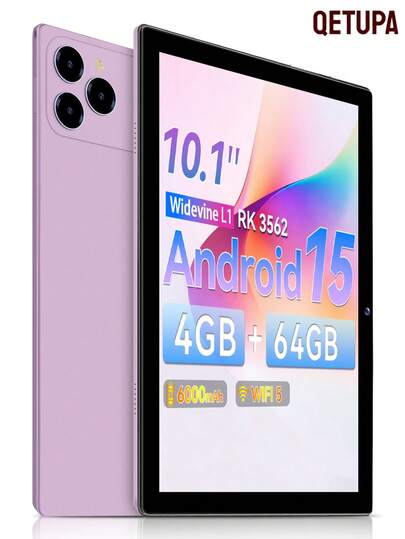 Qetupa Tabletă Android 15 de 10,1 inci, 4 GB RAM + 64 GB ROM, procesor RK3562 Quad-Core, WiFi, ecran HD 1280 x 800, baterie de 6000 mAh, camere duale de 5 MP + 13 MP, difuzoare stereo, design elegant, construcție durabilă.