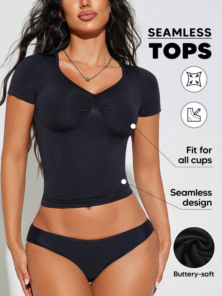 女士无缝短袖压缩V领上衣 - 黑色 - 查看 1