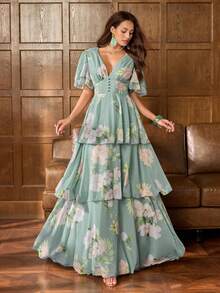 Faeriesty Đầm maxi nữ thanh lịch cổ chữ V sâu tay bồng: Đầm in hoa lãng mạn với tay chuông xếp ly, thiết kế cài nút ở eo, dáng chữ A xếp tầng và lưng hở - Hoàn hảo cho chụp ảnh cưới, dự tiệc cưới ngoài trời, kỷ niệm ngày cưới, kỳ nghỉ lãng mạn, tiệc tùng trang trọng trong nhà mùa xuân - màu xanh lá - Xem 10