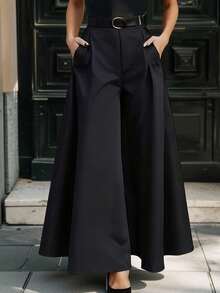 Solid Color Pocket Marked Women's Wide Leg Pants, Suitable For Daily, Back To School, Party, Airport, Commuting, All Seasons Black Spring - Black - View 4