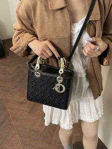 时尚优雅的高端达芙妮女士手提包，2026新款时尚菱形图案托特包、单肩斜挎包、圣诞礼物、旅行和派对包 - 黑色 - 查看 7