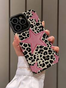 1个时尚豹纹底粉色星形图案竖款仿皮纹理防震高端软硅胶手机壳，适合作为生日、节日礼物送给朋友、家人、情侣，适用于 17/17 Air/17 Pro/17 Pro Max、16/16 Plus/16 Pro/16 Pro Max、15/15 Plus/15 Pro - 彩色 - 查看 3
