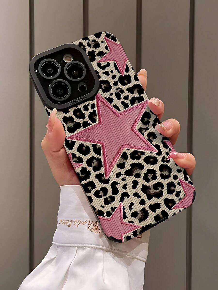 1pc Fashionable Leopard Print Base Pink Star Pattern Vertical Faux Leather Texture Shockproof High-End Soft Silicone Phone Case, Suitable As Birthday, Holiday Gift For Friends, Family, Couples, Fits 17/17 Air/17 Pro/17 Pro Max, 16/16 Plus/16 Pro/16 Pro Max, 15/15 Plus/15 Pro - Multicolor - View 1