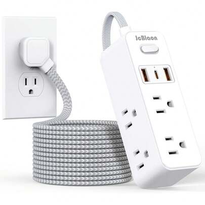 JcBlaon Cable de extensión de 10 pies con múltiples tomas, regleta de enchufes plana con protector contra sobretensiones y cable de 10 pies, 6 tomas y 3 puertos USB (1 USB C), enchufe múltiple para viajes, universidad, artículos esenciales para dormitorio