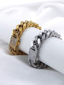 1件装时尚嘻哈个性化18K镀金不锈钢加厚迈阿密链手链，男士派对礼物之选 - 13mm鑲水鑽款 - 查看 3