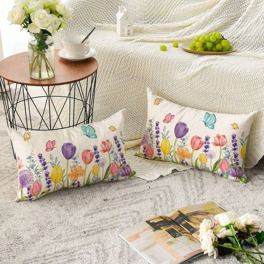2件套春季花卉郁金香薰衣草桉树蝴蝶图案枕套，12 x 20英寸春季沙发靠垫套套装，单面图案，不含枕芯 - 彩色 - 查看 1