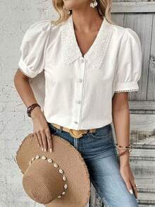 Solid Color Front Button Lace Patchwork Embroidery Contrast Color Short Puff Sleeve Blouse White Summer - White - View 2