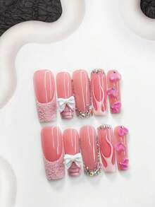 Bộ 10 móng tay acrylic kiểu Pháp ngọt ngào, móng giả acrylic, nơ trắng 3D dễ thương, trang trí móng hoa hồng gradient thủ công, thiết kế đá pha lê lấp lánh bất đối xứng, viền vàng hồng huyền ảo, phụ kiện làm móng phong cách sống động và đáng yêu, móng giả thủ công. - Nhiều màu - Xem 4