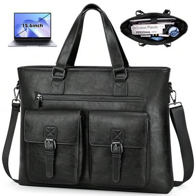 NEWHEY Herrportfölj 15,6-tums, laptopväska i PU-läder, stor kapacitet, vattentät, lämplig för arbete, affärer, resor